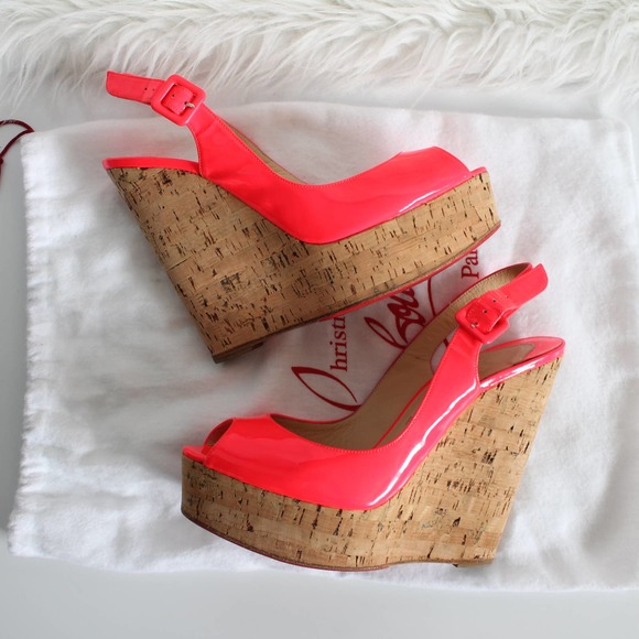 Christian Louboutin Une Plume Hot Pink Neon Patent Leather Cork Sandal Wedges - Picture 10 of 14